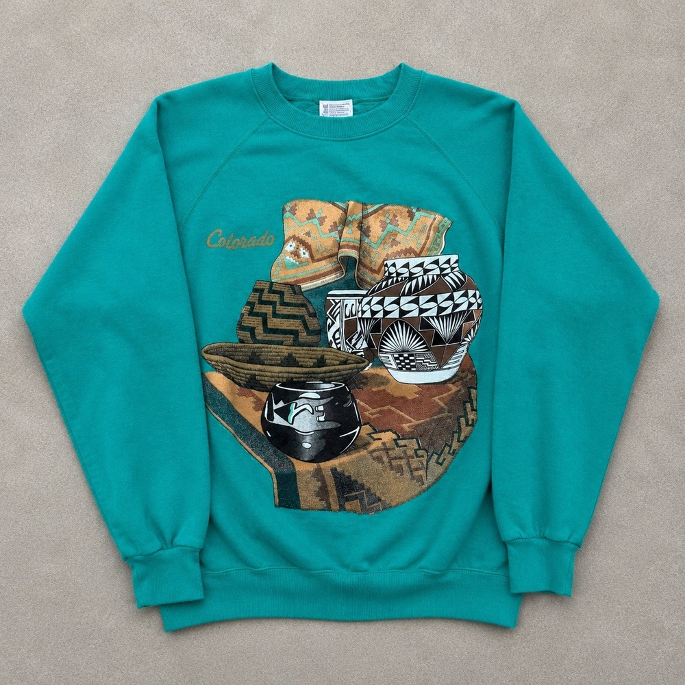 Vintage Hanes Colorado Southwestern Pottery Graphic Sweatshirt Teal Green Large